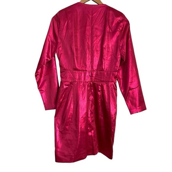 Zara Pink Metallic Foil Laminated Deep V Neck Longsleeve Dress, New - Picture 6 of 7